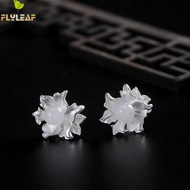 

Flyleaf 100% 925 Sterling Silver White Jade Flowers Stud Earrings For Women Chinese Classical Style Handmade Luxury Jewelry
