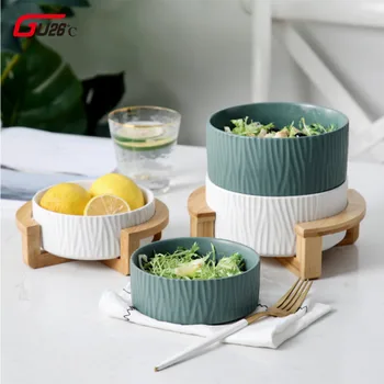 

Large Capacity Creative Fruit Salad Bowl Dessert Bowl Nordic Home With Wooden Foot Personality Ceramic Bowl for Party Gift