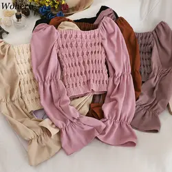 Woherb блуза с вырезом лодочкой и длинными расклешенными рукавами, вязаная тонкая рубашка в стиле пэчворк, женские модные новые короткие топы