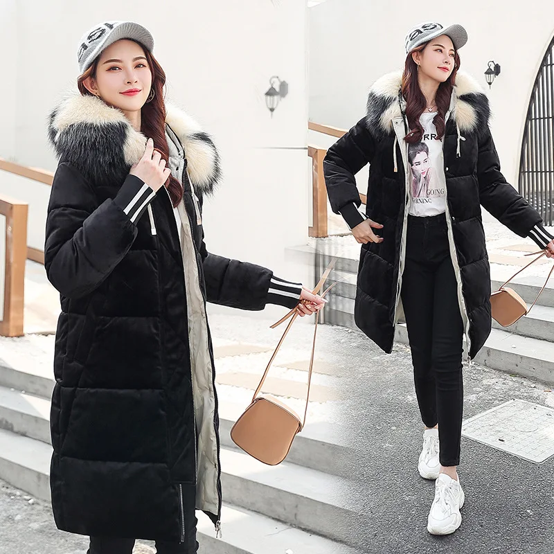 

Gold Velvet Cotton-padded Clothes Women's Mid-length 2019 Winter New Style Fur Collar down Jacket Cotton-padded Clothes Women's