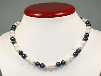

Genuine strands 8-9mm natural round freshwater black white pearl necklace 18"