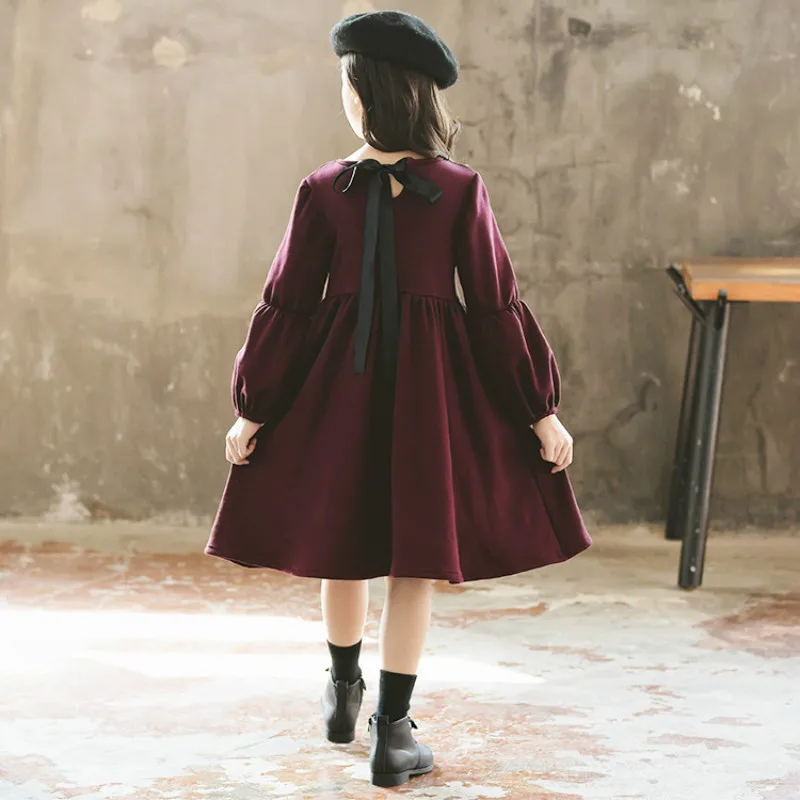 Стиль года, осенне-зимнее утепленное платье для девочек длинное стильное платье принцессы с бантом для маленьких девочек Детские Модные свободные платья#8118