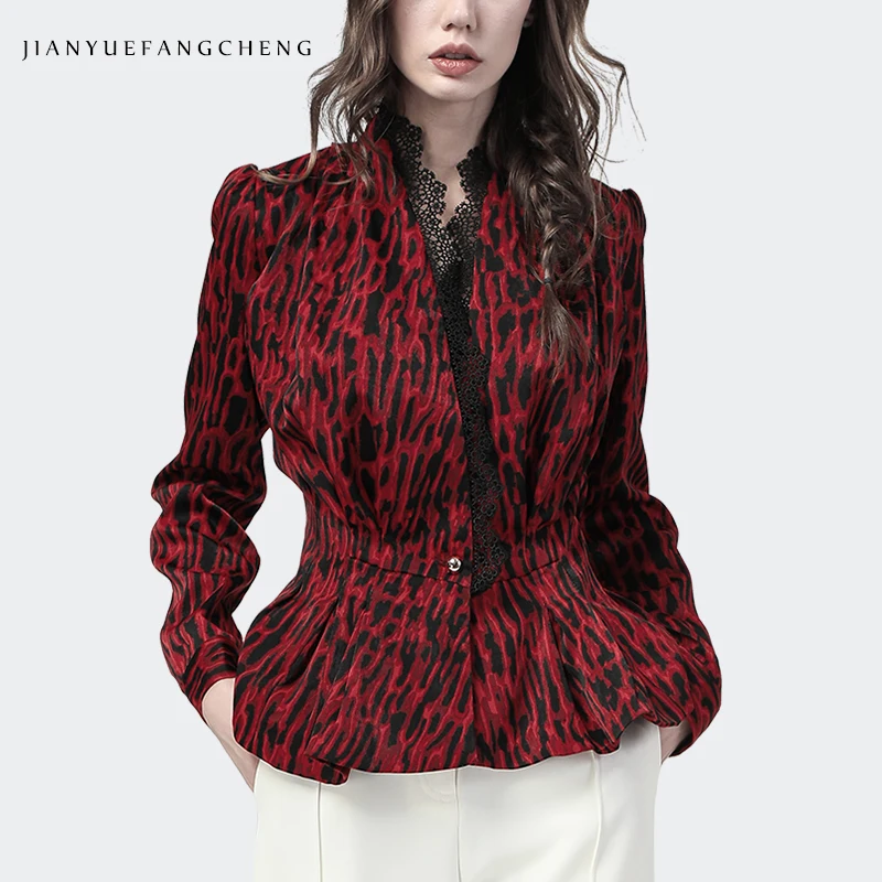 Женские красные леопардовые куртки с высокой талией тонкие осенне-зимние пальто с кружевными рюшами корейский стиль элегантный женский Повседневный офисный пальто