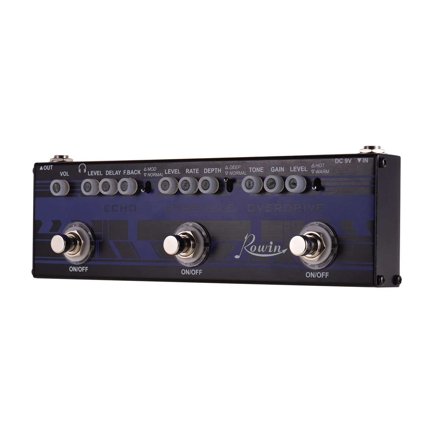 Rowin DAP-2 Aluminum Alloy 3-in-1 Guitar Multi Effects Pedal Echo+ Ensemble+ Overdrive Shell with True Bypass Accessories