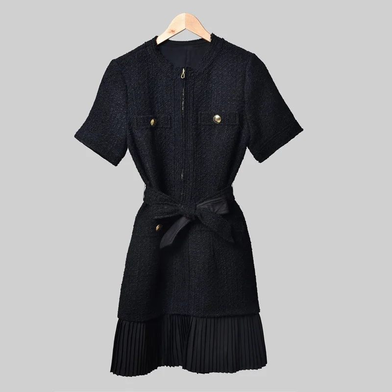 Black Robe Courte Avec Bas De Jupe Плиссированное мини-платье женское черное офисное женское платье с молнией спереди и поясом осень дропшиппинг - Цвет: Black