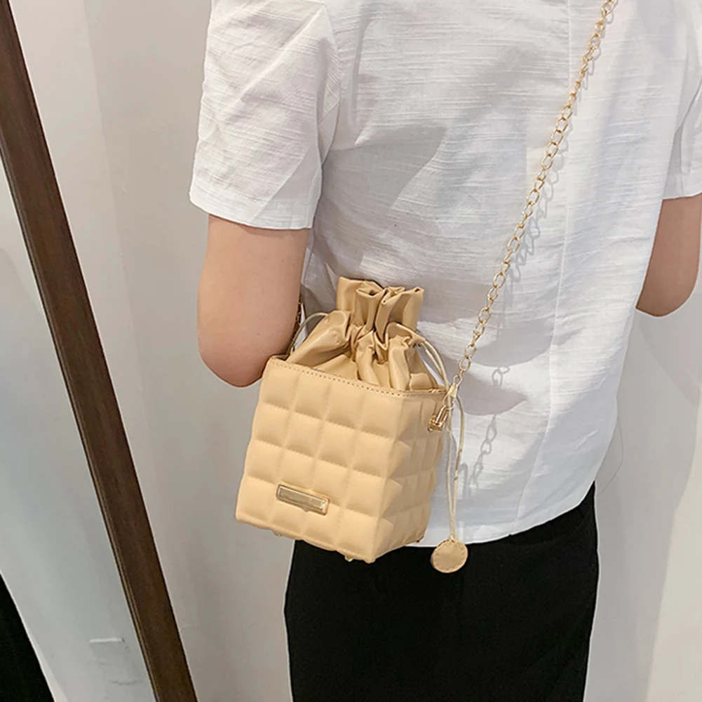 Box Shape Drawstring Chain PU Leather Crossbody Bags For Women Summer  Shoulder Handbags Female Casual Travel Solid Color Bag