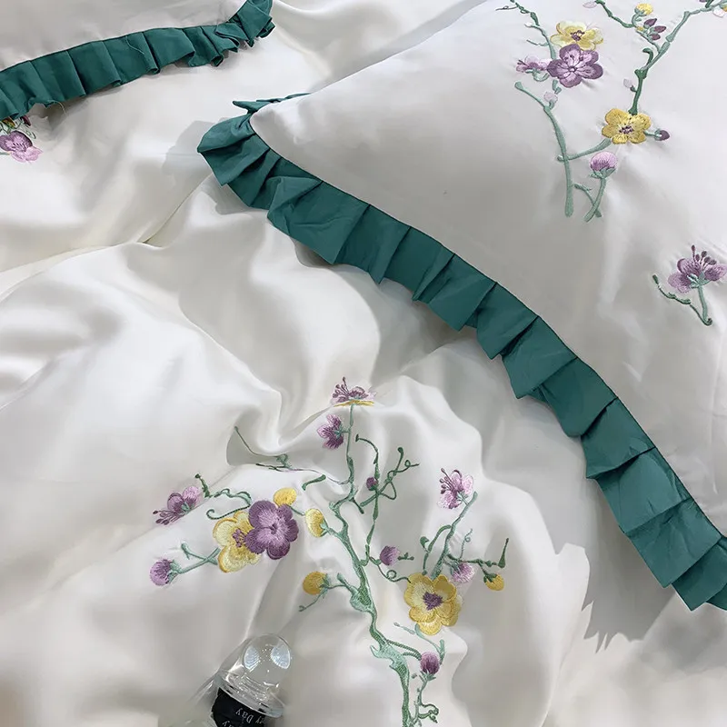 Продукт 4 шт комплект постельного белья с цветами tencel постельное белье розовый синий постельное белье пододеяльник набор простыней