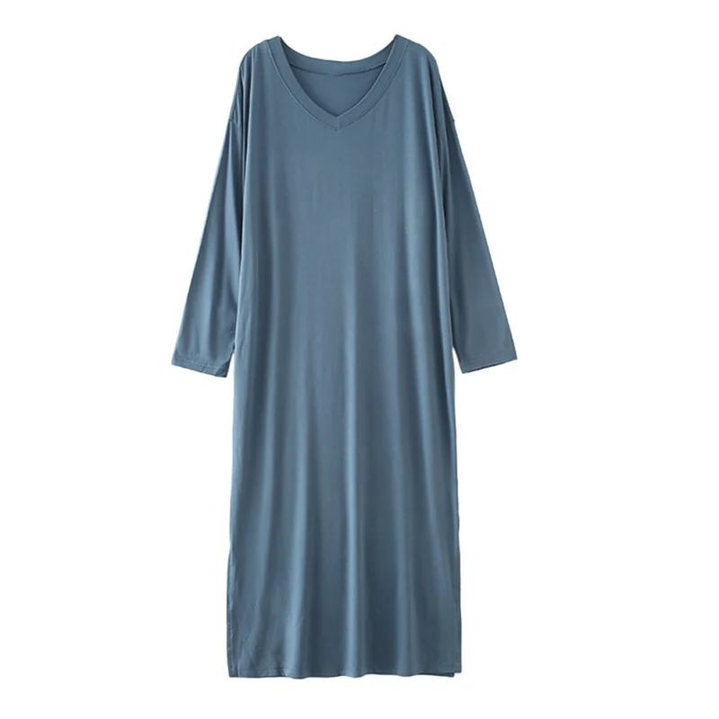Ночная сорочка женская Свободная Ночная сорочка из обработанной вискозы однотонное платье с длинными рукавами большого размера для прибавления веса длиной мм Ночное платье