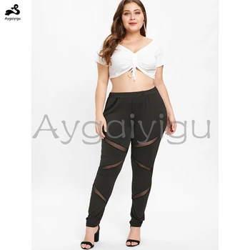 

Aygaiyigu Plus Size Leggings Women Large Big Size Ladies Black Skinny Leggings Elastic High Waist Fitting Mesh Spliced Clothing