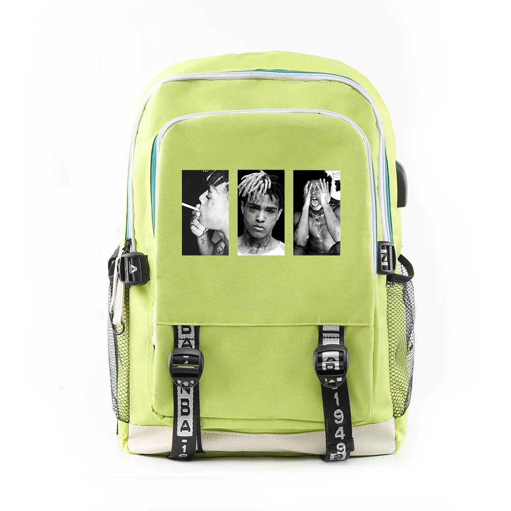 1XXXTentacion Холщовая Сумка с принтом с usb зарядным портом функциональный рюкзак подростковый школьный стиль растягивающиеся холщовые рюкзаки с пряжкой - Цвет: C-03788green