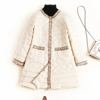 

Light And Thin Long Down Jacket Women 2019 Winter Fashion Tweed Color Contrast Single Breasted Warm Plus Size Coat Parka