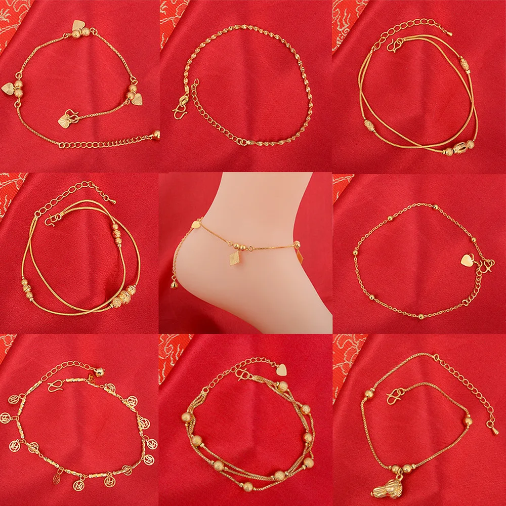 24k Gold Bells Anklets For Women Charm Leg Female Bracelets Lucky Ankle Bracelet With Pendants