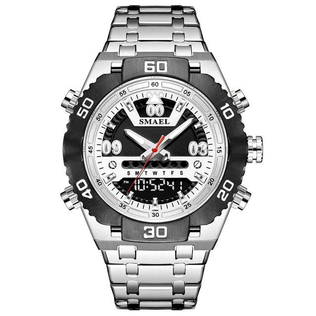 SMAEL Watch Male 2021 Sports Digital Watches Men Waterproof Steel Military Quartz Watch For Men Wristwatch Relogio Masculino Silver