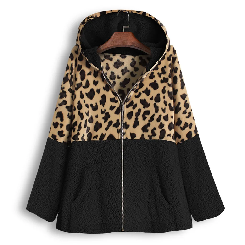 Female Jacket Plush Coat Women's Windbreaker Winter Warm Outwear Leopard Print Hooded Pockets Vintage Oversize Coats Plus Size