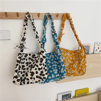 

New Daisy Flower Women Shoulder Bag Retro Corduroy Korea Ladies Crossbody Bags Large Capacity Girls Student Handbags Beach Bag
