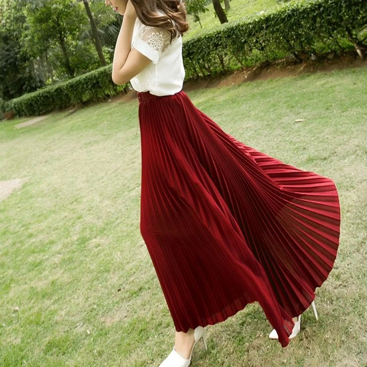 

Pleated Skirts Woman With Belt A-Line Solid High Waist Casual Sweet Temperament Commuter Chiffon Lady Maxi Long Skirt