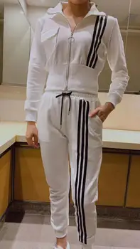 

YINGlizi fashion women's sports three bars long sleeves cotton shirt elastic waist casual pants sports suit