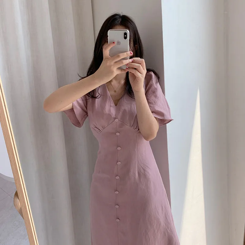 Korean V Neck Sexy Buttons Plus Size Summer Dress Girls Boho Party Female Vintage Dress Short Sleeve Women Dresses Robe Vestido
