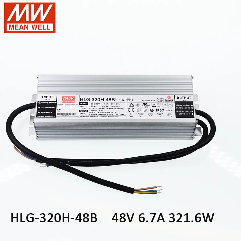 MEAN WELL HLG-320H-48B светодиодный драйвер с регулируемой яркостью 48 в 110 В/220 В переменного тока до 48 В постоянного тока 320 А Вт водонепроницаемый IP67 Светодиодный источник питания с регулируемой яркостью SMPS