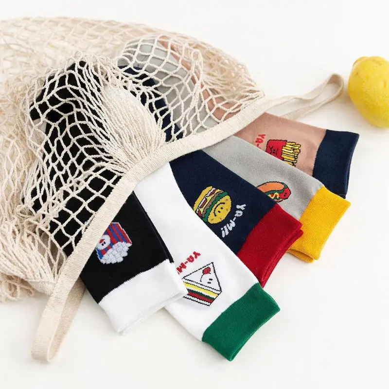 Новинка, 5 пар женских носков в стиле хип-хоп для скейтборда, носки с мультяшным принтом еды и закусок, чулочно-носочные изделия