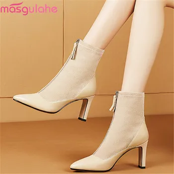 

Masgulahe winter boots female 2019 super high heel sexy lady shoes pointed toe genuine leather ankle boots female