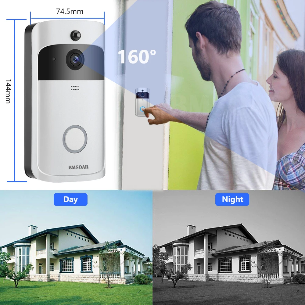 WiFi дверной звонок, видео камера 720 P, домашний дверной звонок, камера, двухсторонняя аудио поддержка, облачное хранилище, 166 градусов, широкий угол