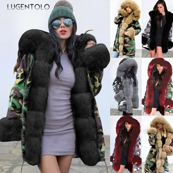 

Lugentolo Long Coat Women Fur Parka Autumn and Winter Camouflage Plush Fur Collar Warm Fashion Long-sleeved Hood 15 Color