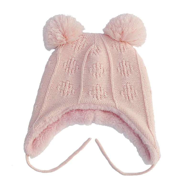 С флисовой подкладкой для девочек зимняя детская шапка Кепки помпончиком, для новорожденных, зимняя шапка, шапка для малышей Шапка Baby muts - Цвет: pink