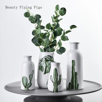 

Nordic modern simple cactus pattern white ceramic vase home model room soft decorations vase flower art decoration ornaments
