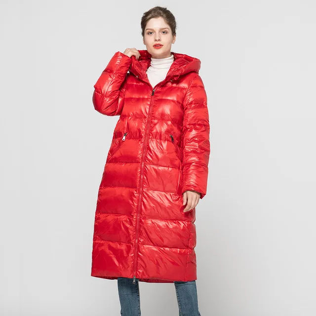 Женское Модное Длинное пуховое пальто, верхняя одежда на белом утином пуху, зимняя теплая куртка с капюшоном, стоячий воротник, высокое качество, S7622 - Цвет: Red