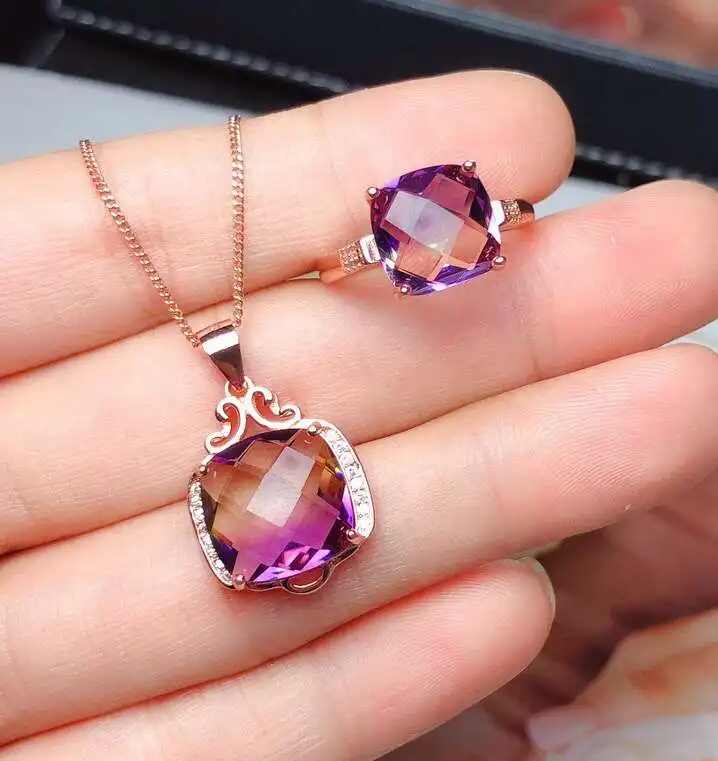 Новое кольцо с натуральным аметрином и ожерелье модное классическое ювелирное