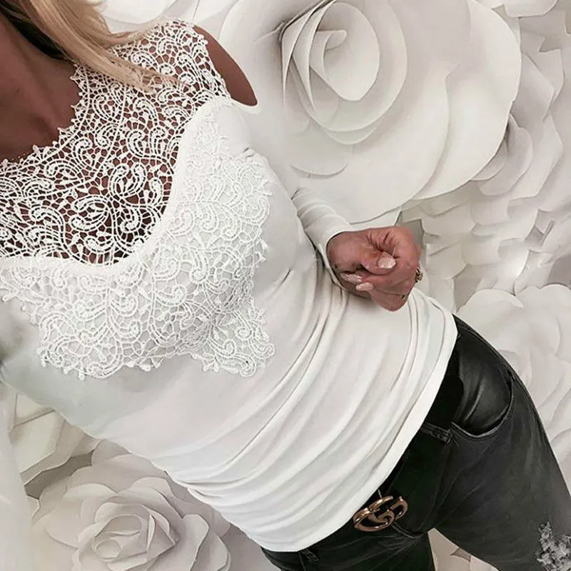 Women Autumn Sexy Solid Lace Cold Shoulder T-shirt Long Sleeve Slim New Fashion Grace Female Tops Hot Sale - Цвет: Белый