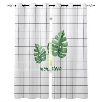 

Green Leaves White Plaid Window Curtain Living Room Bathroom Kitchen Curtains Luxury Home Decor