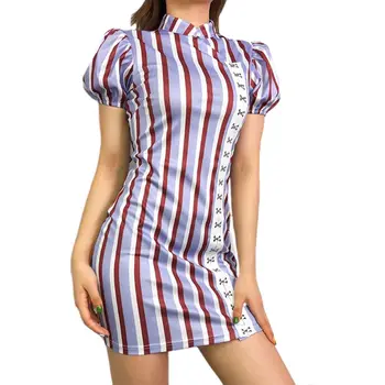

Womens Short Bubble Sleeves Stand Collar Sexy Mini Bodycon Dress Contrast Color Stripes Hook Eye Buckle Cocktail Party Cheongsam