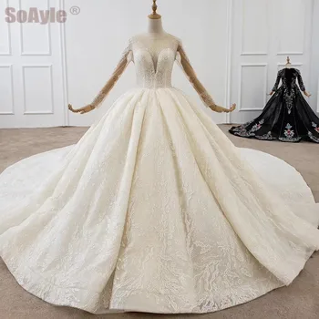 شراءSoAyle فساتين الزفاف 2020 الكرة ثوب مكشكش اليدوية الفاخرة مطرز الدانتيل زين ربطة القوس فيونكة قارب الرقبة فستان الزفاف في دبي