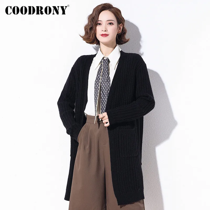 COODRONY Brand 2020 Autumn Winter Women Pure Color Long Cardigans Elegant Style Warm Slim Pockets Sweaters Female W1093