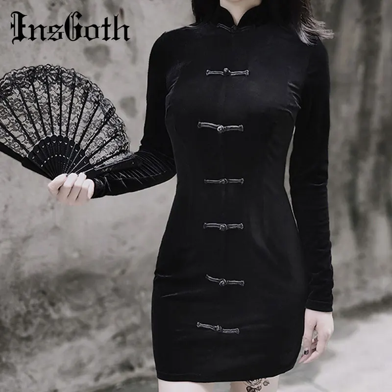 Женское облегающее платье в стиле ретро InsGoth черное винтажное с длинным рукавом