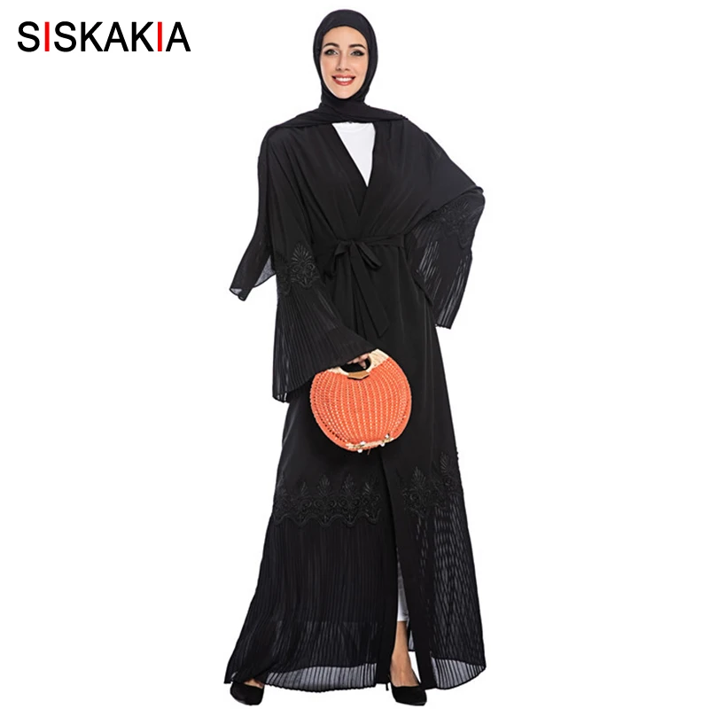 

Siskakia Chic Embroidery Open Abaya Middle East Islamic Dubai Oman Butterfly-Sleeve Pleated Kimono Musilim Jubah Black With Sash