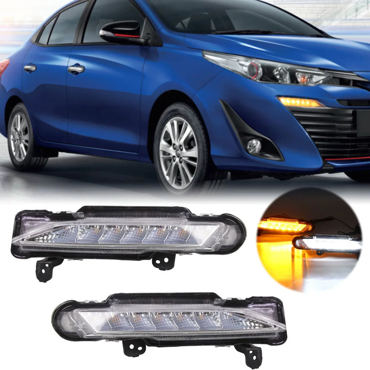 

Pair White Amber LED DRL Daytime Running Light For Toyota Yaris 2017-2019 w/ Turn Signal Fog Lamp Fuction Car Styling