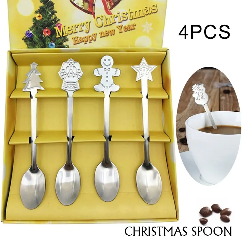 

4PCS/Set Coffee Spoon Tea Spoon Ice Cream Dessert Spoon Set Christmas Healthy Spoons Stainless Steel Milk Wedding Lovely