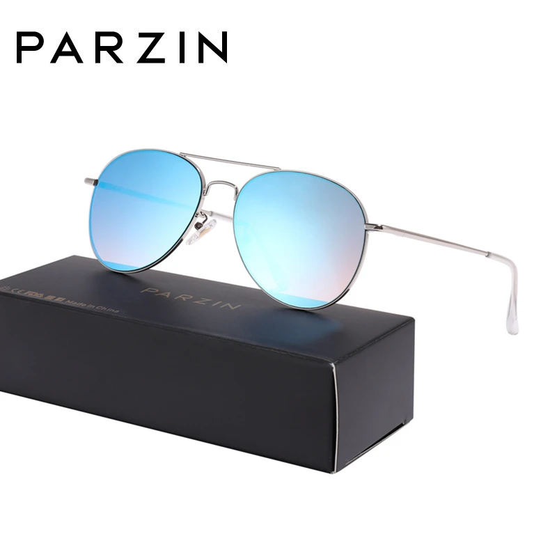 PARZIN классические зеркальные женские авиационные солнцезащитные очки, мужские темные очки с защитой от ультрафиолета 400, металлическая оправа и Чехол для очков PZ9101 - Цвет линз: BLUE