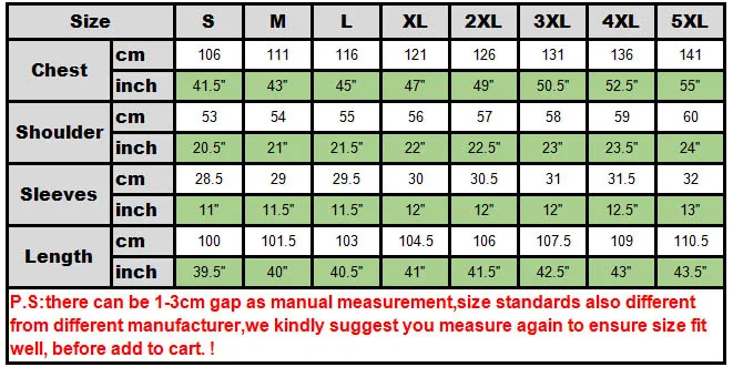 size chart gambeson