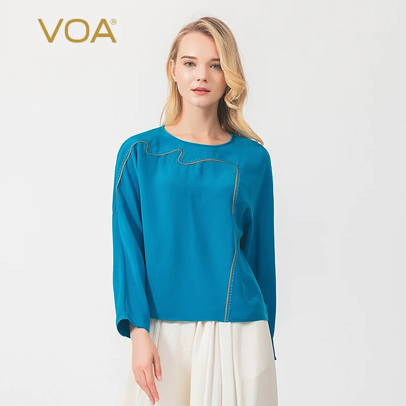 VOA silk heavy-weight kingtai blue round collar asymmetric gold collar edge arch strap shoulder long-sleeved loose T-shirt B9197 VOA silk heavy-weight kingtai blue round collar asymmetric gold collar edge arch strap shoulder long-sleeved loose T-shirt B9197