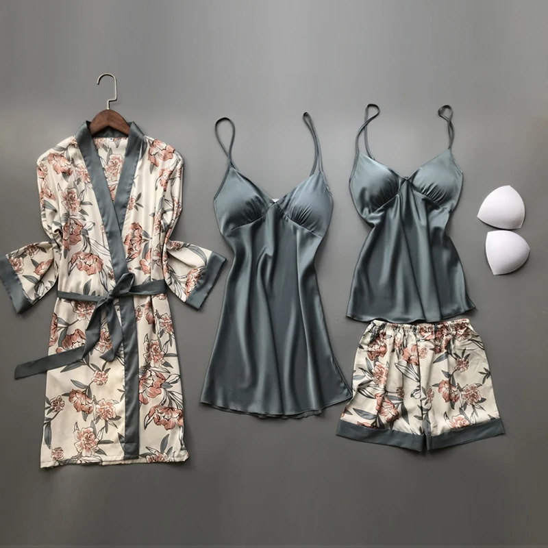 Весна осень женские шелковые пижамы наборы с нагрудными подушечками цветочный принт пижамы 4 шт Спагетти ремень атласные пижамы