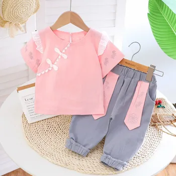 

Vintage Summer Girls Clothes Set Ruffles Tops T-shirt+Pants Trousers 2pcs Suits Kids Children Baby Han Costume Outfits S10806