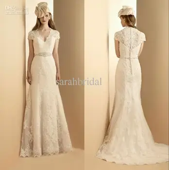 

2018 Elegant Vintage Lace Wedding Dresses With Sashes Appliques A-Line Tulle V Neck Ruffles Short Sleeves Long Bridal Gowns