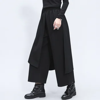 

LANMREM 2020 New autumn Women Fashion Solid Color High Waist Irregular A-line Fake Two Straight Pants Vintage Trousers PC969