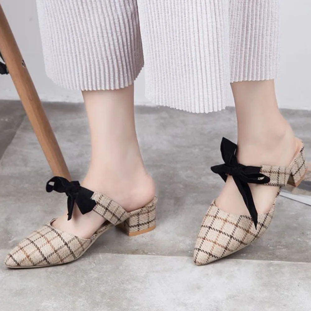

Sandals Summer 2020 Women's Spring Shoes Korean Floral Pointed Bow Tie Slippers Flat Heel Slippers