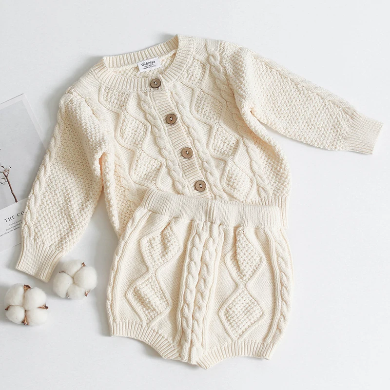 Kids Clothing Set Toddler Girls Boys Autumn Winter Knit Sweater Cardigan + Shorts