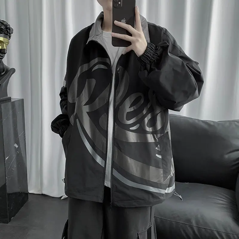 

2020 New Autumn Baseball Uniforms Korean Loose Large Size Trend Dark Black Printed Stand Collar Jacket Men's All-Match